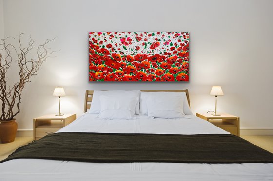 71''x 35''(180 x 90 cm), Garden of Joy 28, art, red green flowers, peony, roses, poppy  original acrylic canvas art, ready to hang