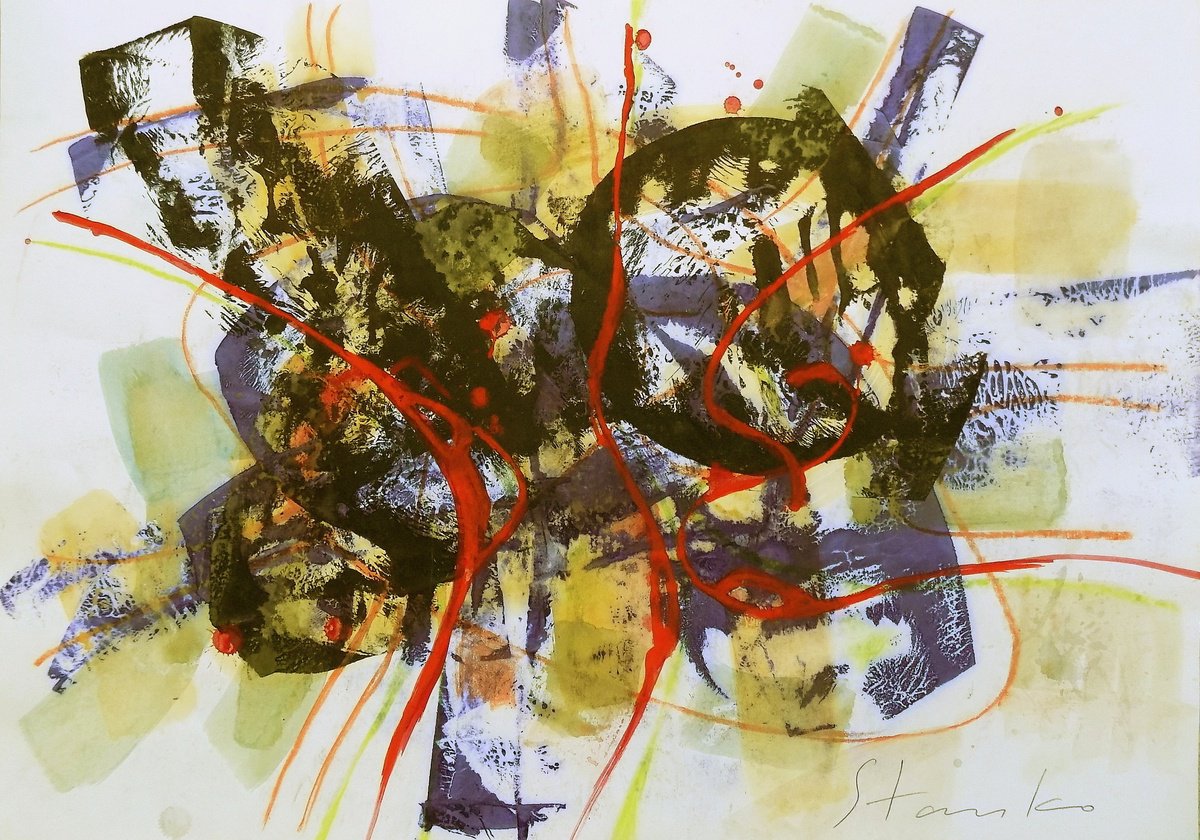 Abstract Acrylic Painting By Stanislav Bojankov, 28 X 20", Improvisation-Liv, Original Artwork