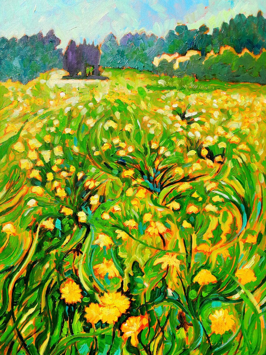 Impressionistic Landscape Oil Painting By Mary Kemp, 12 X 16", Dandelion Stars Carpet My Path, Original Artwork