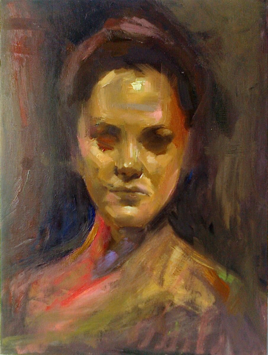 Impressionistic Portrait Oil Painting By Kamsar Ohanyan, 12 X 16", Impression, Original Artwork