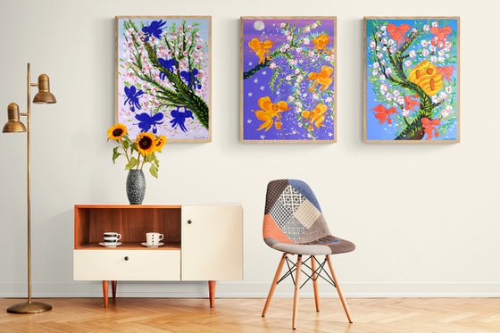 Triptych. Spring sakura and honey bees - elephants Acrylic painting by ...