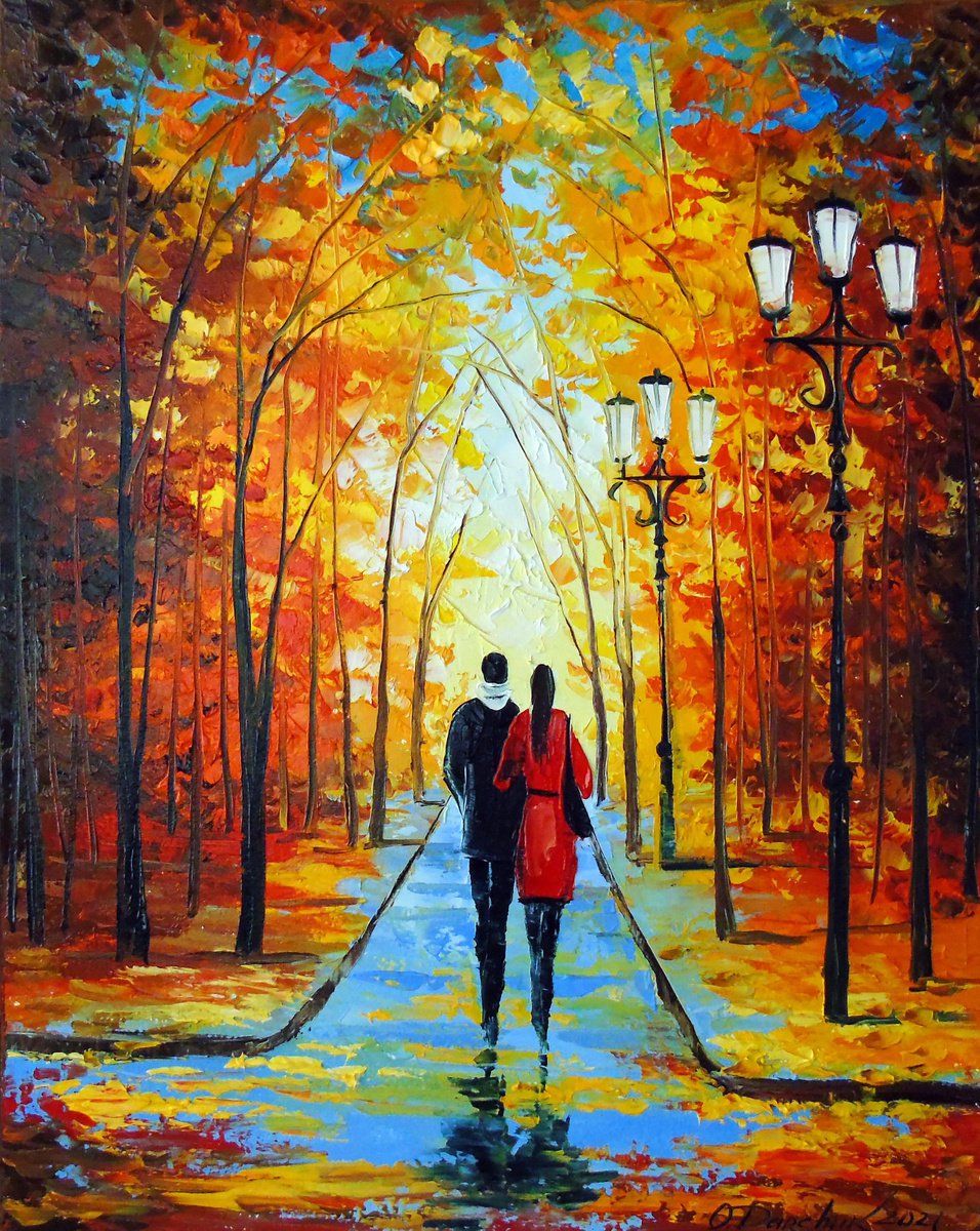 Impressionistic Cityscapes Oil Painting By Olha Darchuk, 16 X 20", Autumn Walk In The Park, Original Artwork