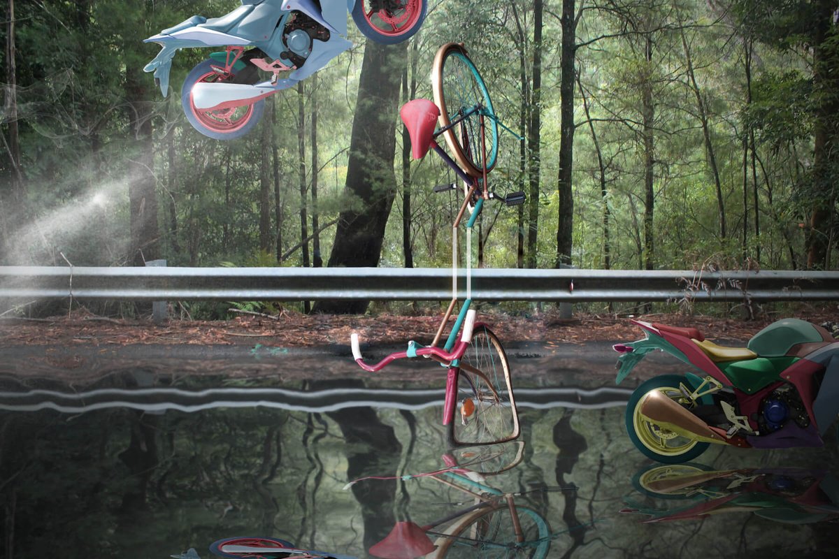 Surrealistic Transport Print By Vanessa T Stefanova, 24 X 16", Bike Jumping Bike, Original Artwork