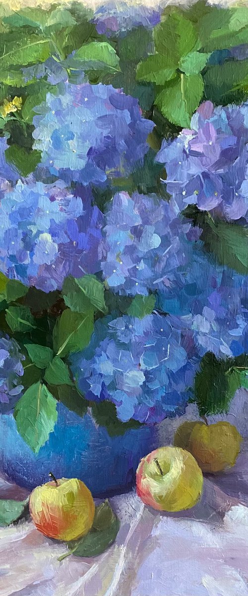 Blue Hydrangeas with Apples by Ling Strube