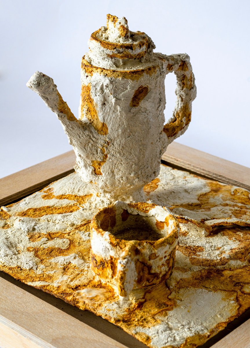 Naive Still Life Sculpture By Nikolay Marinov, 14 X 14", Still Life Of Afternoon Tea, Original Artwork