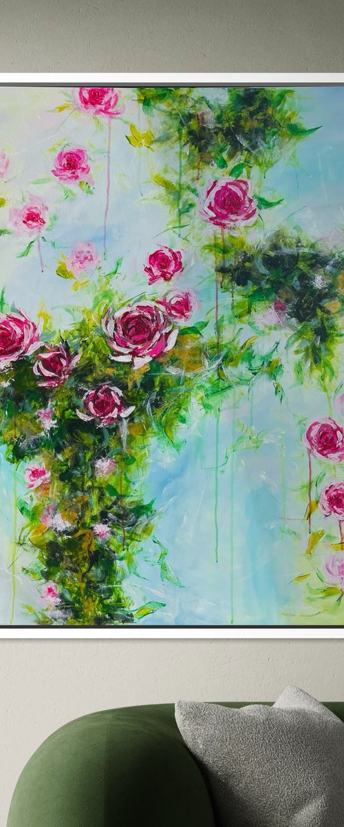 “Trailing roses” 100x100cm large acrylic by JuliaP Art