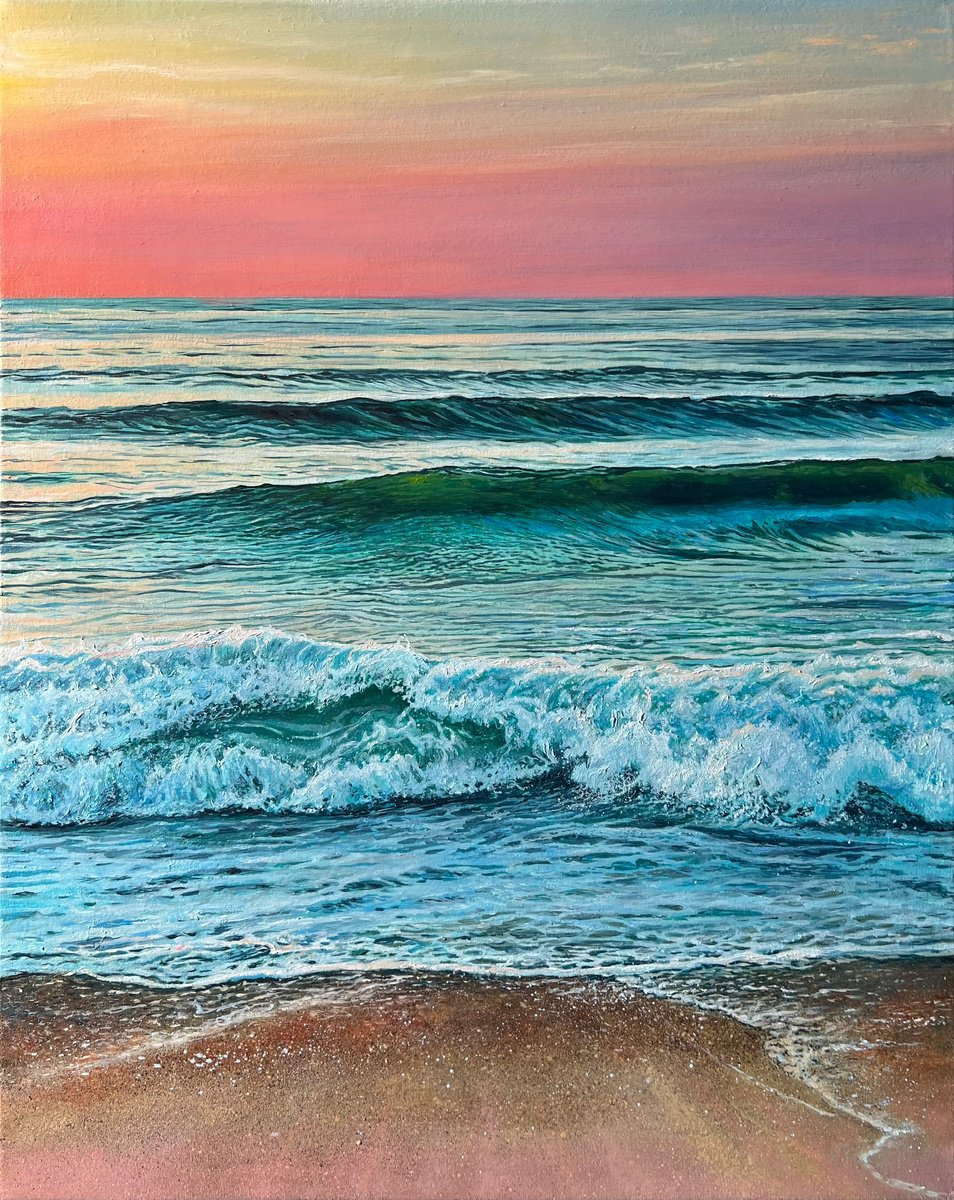 Photorealistic Landscape Oil Painting By Daria Dudochnykova, 16 X 20, Evening Symphony Of The Sea, Original Artwork