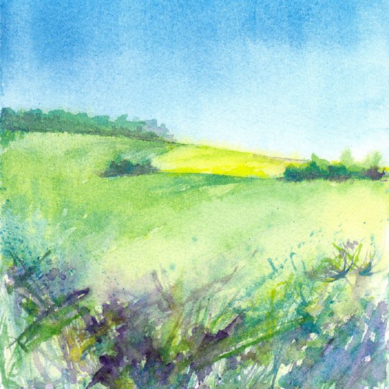 Yellow field Painting, Original Landscape Painting, Original Watercolour Painting, Square format