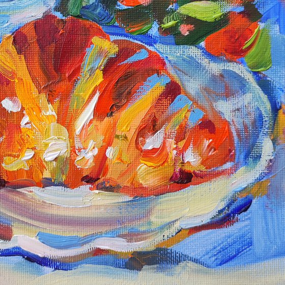 Croissant and Coffee. Oil Painting.