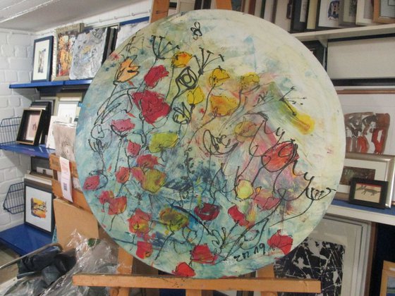 abstract spring flowers acrylpainting round canvas 31,5 inch
