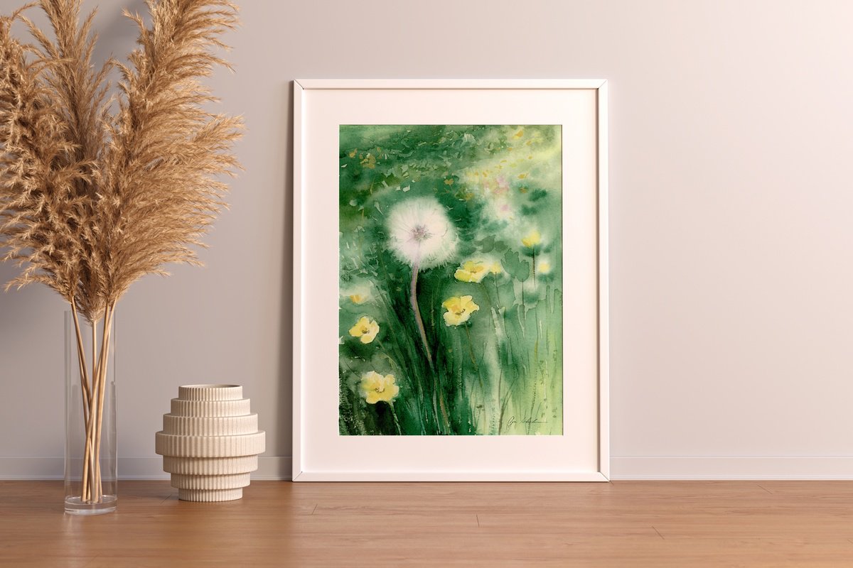 Watercolor dandelion field by Olga Koelsch