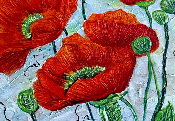 Red Poppy Blooms Contemporary Original Palette Knife Painting