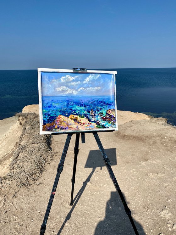 Secret Bathing - Crimea life, 47*37cm, impressionistic oil sea landscape painting