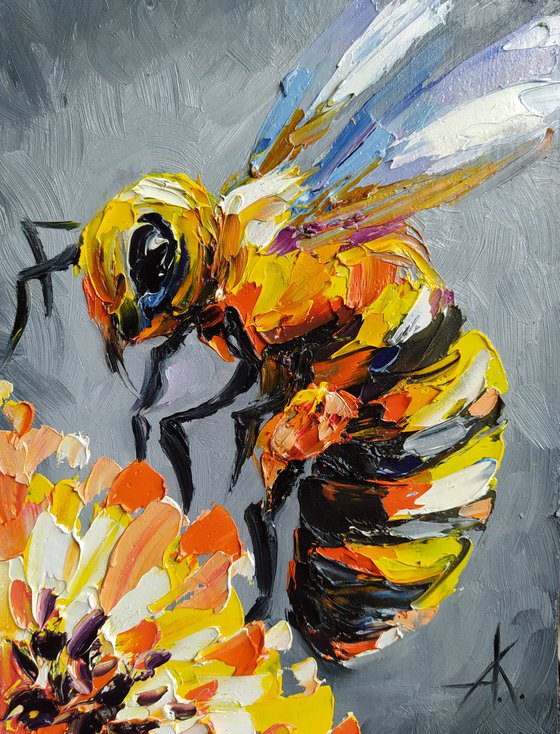 Sweet nectar - bee, oil painting, flowers, gift idea, insect, bee oil painting