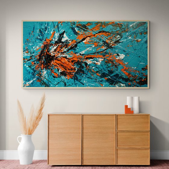 Teal and Tango 190cm x 100cm Teal Orange Textured Abstract Art