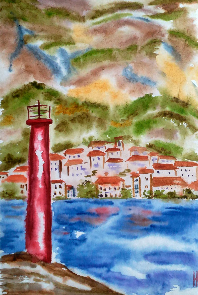 Lighthouse Painting Seascape Original Art Italy Watercolor Artwork Mediterranean Small Lan... by Halyna Kirichenko