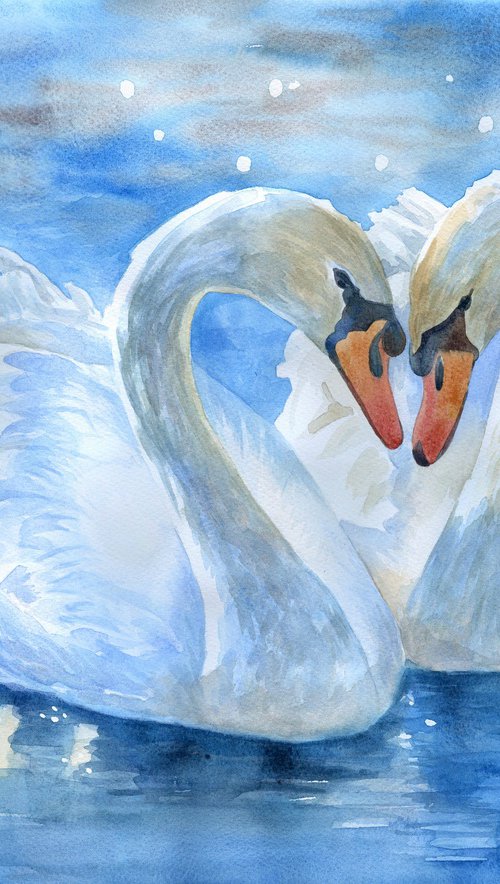 White Swans on the Pond Original Watercolour by Julia Logunova by Julia Logunova