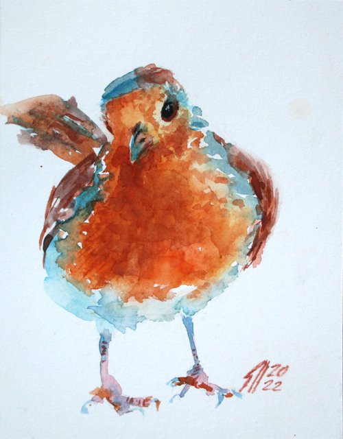 Jolly Robin / FROM THE ANIMAL PORTRAITS SERIES / ORIGINAL WATERCOLOR PAINTING by Salana Art Gallery