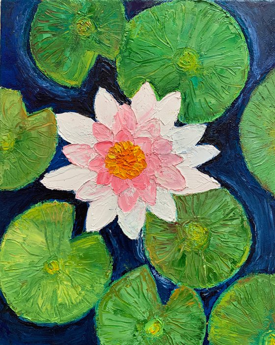 Beautiful water lily! Oil painting on panel