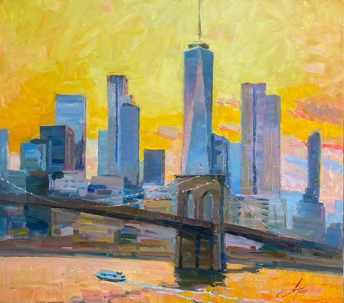 Impressionistic Cityscapes Oil Painting By Oleksii Chebotaru, 35 X 32", Sunrise In New York, Original Artwork