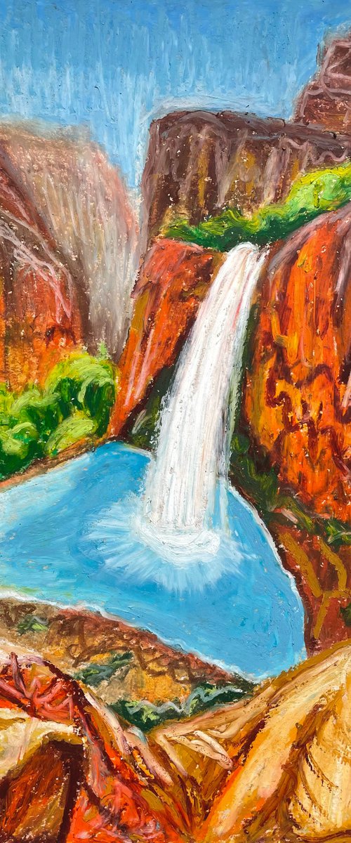 Grand Canyon Original Painting, Waterfall Oil Pastel Drawing, Havasu Falls Picture, National Park Wall Art, Gift for Him by Kate Grishakova