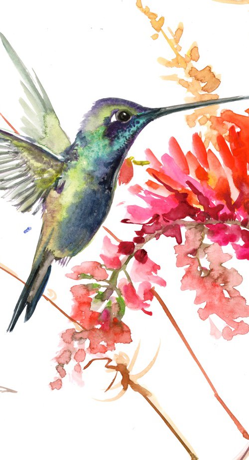Hummingbird and red flowers by Suren Nersisyan