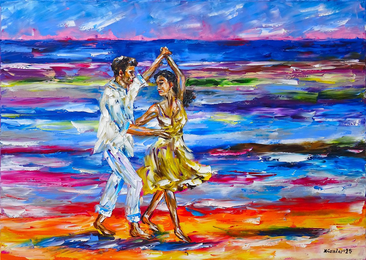 Expressive Landscape Oil Painting By Mirek Kuzniar, 28 X 20", Beach Dancers, Original Artwork