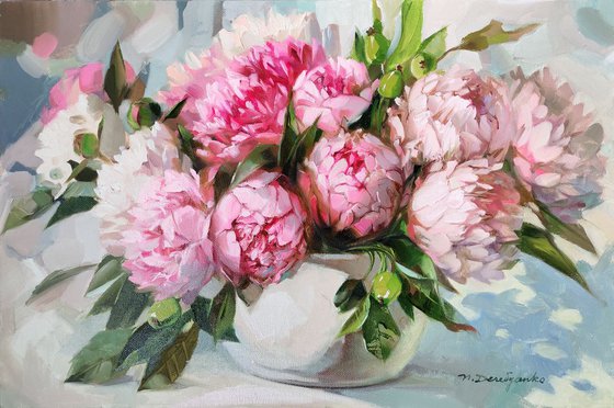 Pink peony painting original canvas art, Flowers art painting, Floral still life