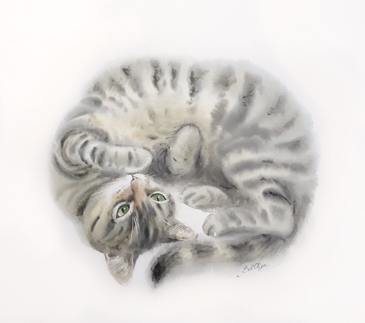 The Sly Cat - resting cat - tabby cat - striped cat - gray smoky cat by Olga Beliaeva Watercolour