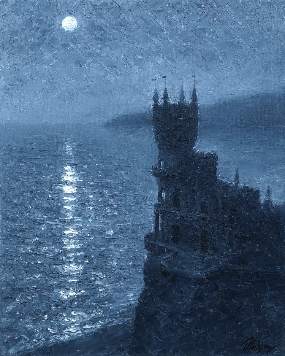 Impressionistic Landscape Oil Painting By Dmitry Oleyn, 16 X 20, Full Moon, Original Artwork