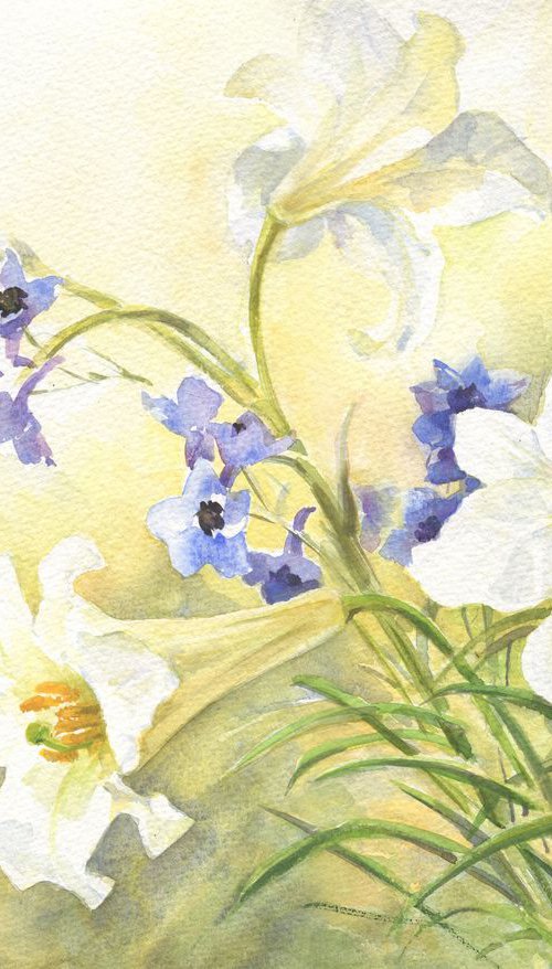 White lilies and blue delphinium / ORIGINAL watercolor 14x11in (38x28cm). by Olha Malko