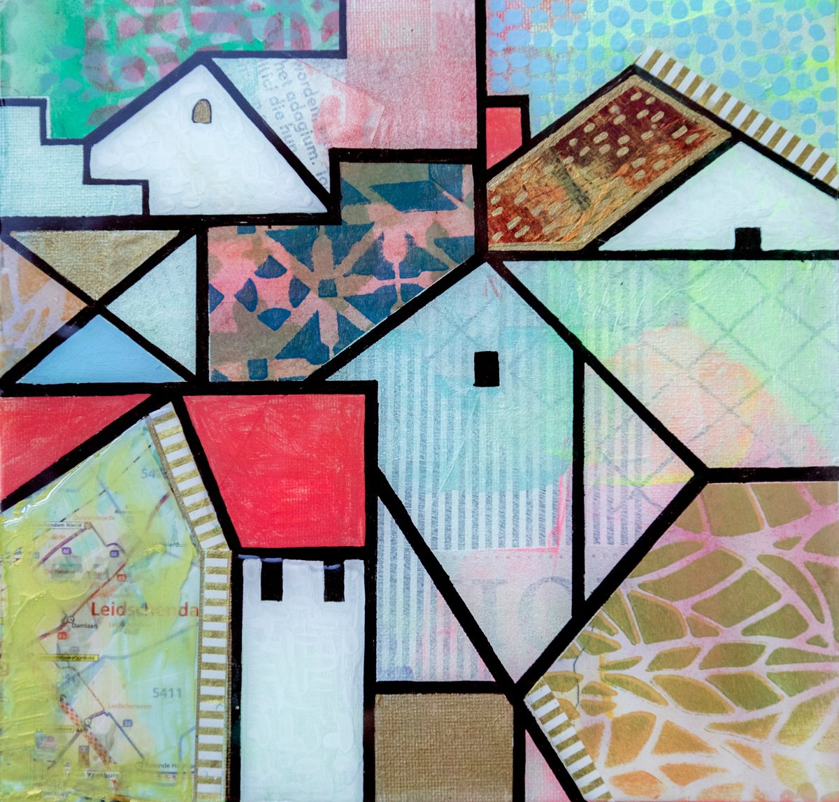 Geometric Cityscapes Acrylic Painting By Ariadna De Raadt, 10 X 10, Geometry Of Town 1, Original Artwork