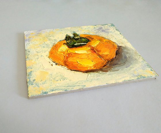Persimmon Painting Fruit Original Art Mini Artwork Food Impasto Wall Art  Small Oil Painting
