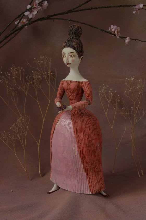 Beautiful Dame with Twirled Updo in Red & White Dress.  Wall sculpture by Elya Yalonetski