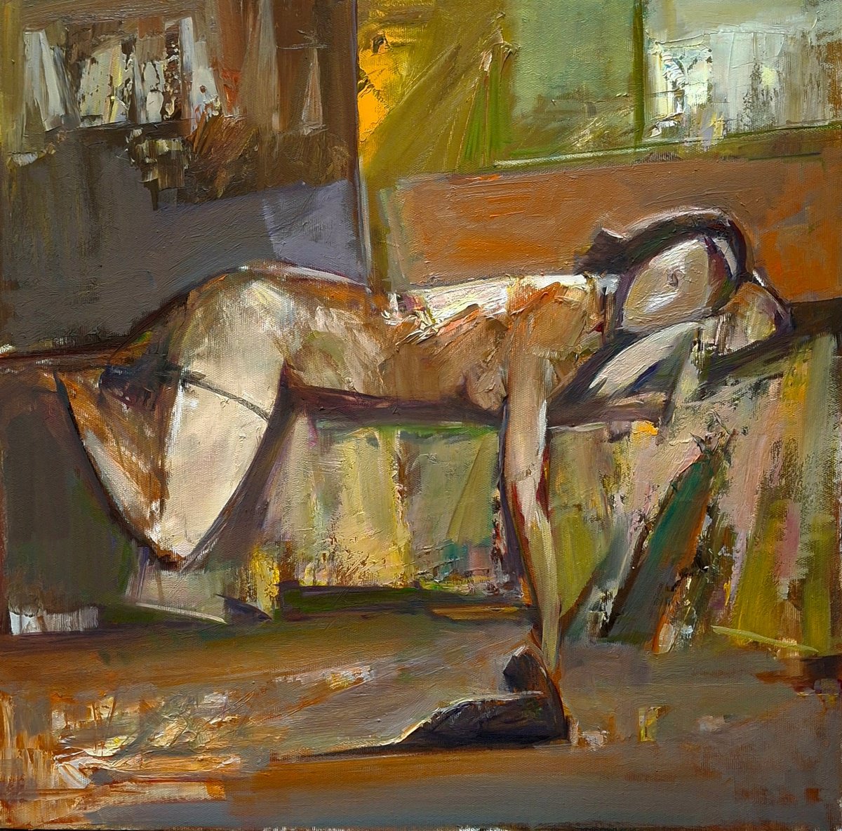 Abstract Portrait Oil Painting By Matevos Sargsyan, 20 X 20", Serenity In Nude, Original Artwork