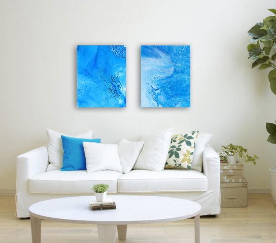 "My Blue Heaven" - FREE USA SHIPPING - Original PMS Abstract Diptych Fluid Acrylic Paintings On Canvas - 32" x 20"