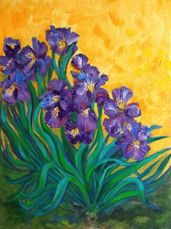 Purple Irises Expressionist acrylic painting on canvas 12"x 16"