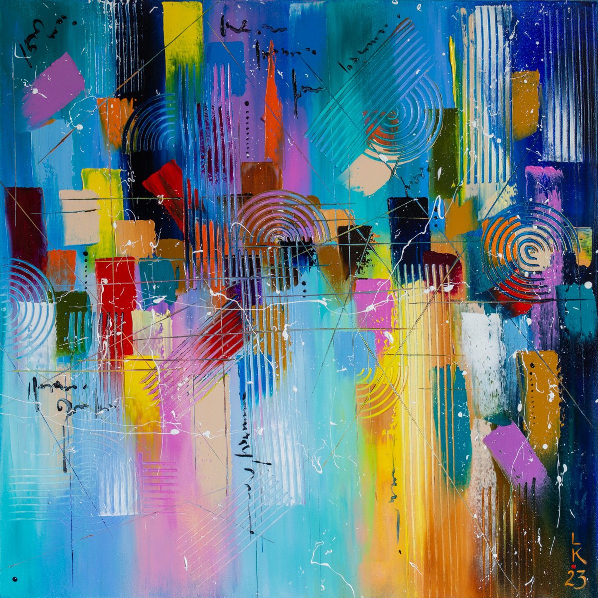Abstract Oil Painting By Liubov Kuptsova, 24 X 24", Colorful District, Original Artwork