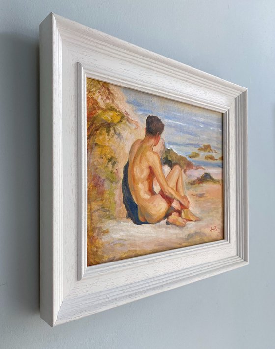 Impressionist style Male nude figure oil painting, with wooden frame.