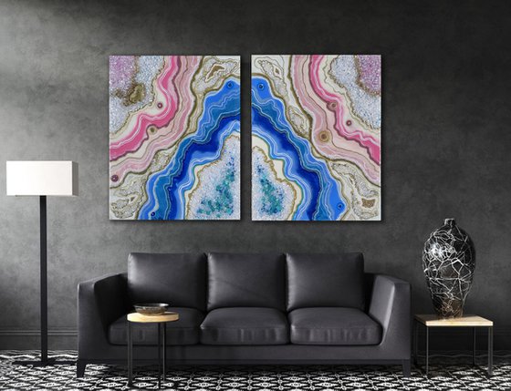 Pink Blue Agate XXL 80 x 200 cm. Diptych Geode Art, wall art, Resin art, Resin painting, Modern art