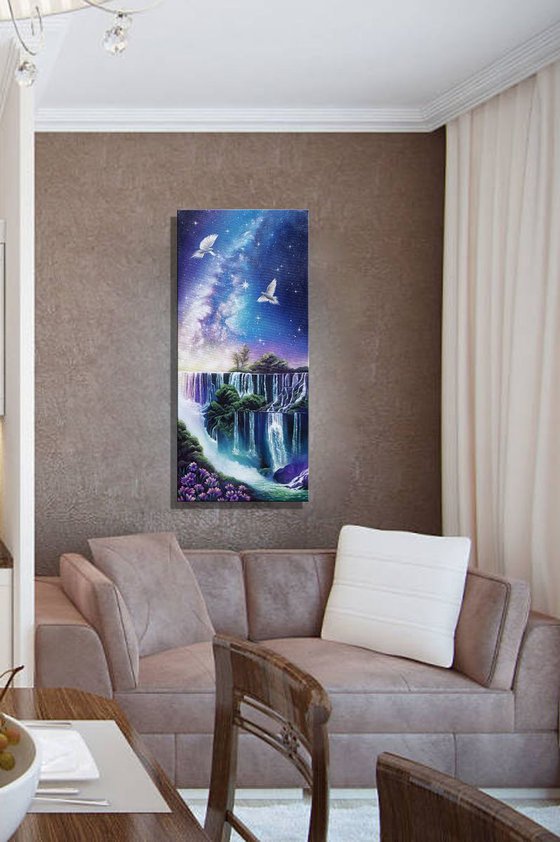 "Valley of the stars", valley painting, landscape art, waterfalls painting, birds in flight