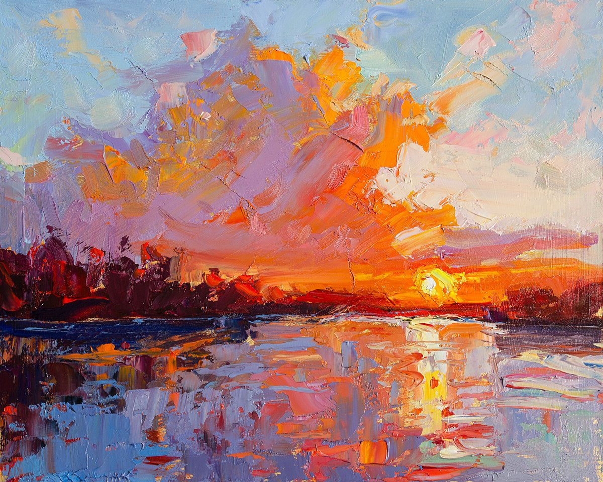 Impressionistic Landscape Oil Painting By Daria Zavadenko, 12 X 9, Ember Sky, Original Artwork