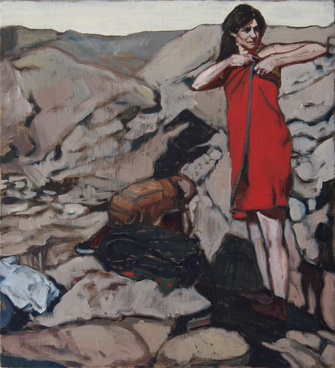 Expressive Portrait Oil Painting By Ishai Rimmer, 20 X 22, Girl On The Rocks, Original Artwork