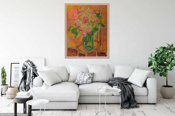 STILL-LIFE WITHH LOTUS FLOWERS - floral original oil painting, gift, love, rose flower, 120x100