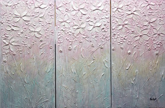 Pink Blossom - Textured Floral Art, Pink Blue Triptych of Flowers