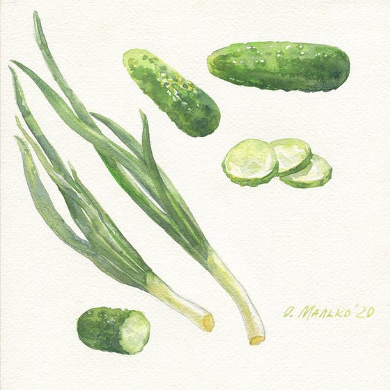 Veggies 1. Cucumbers and green onion / Original kitchen watercolor Vegetables on a white background