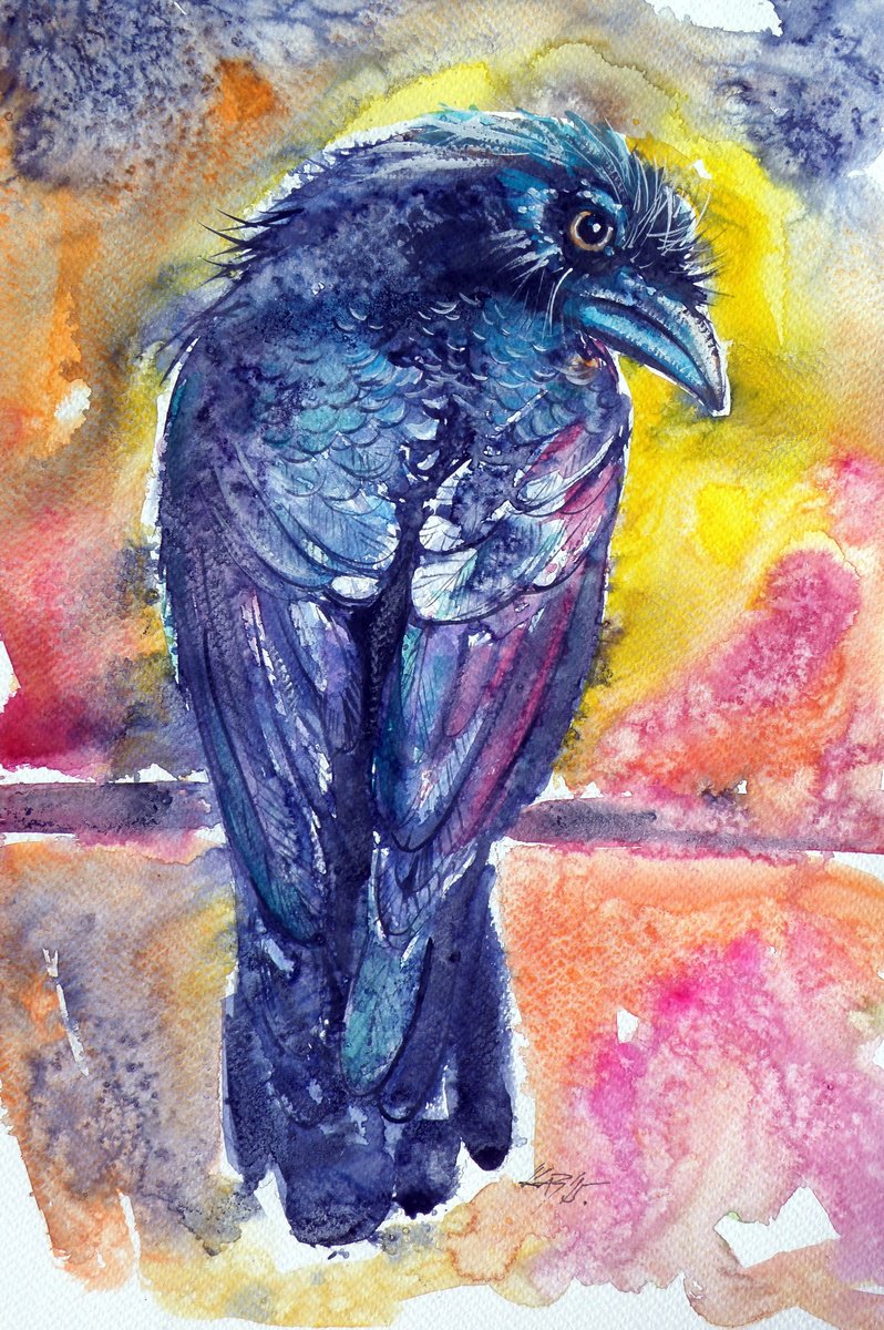 Impressionistic Animal Watercolour By Kovacs Anna Brigitta, 10 X 15", Crow In Autumn, Original Artwork