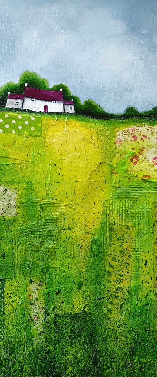 Green patchwork Field Textured Landscape by Jane Palmer Art
