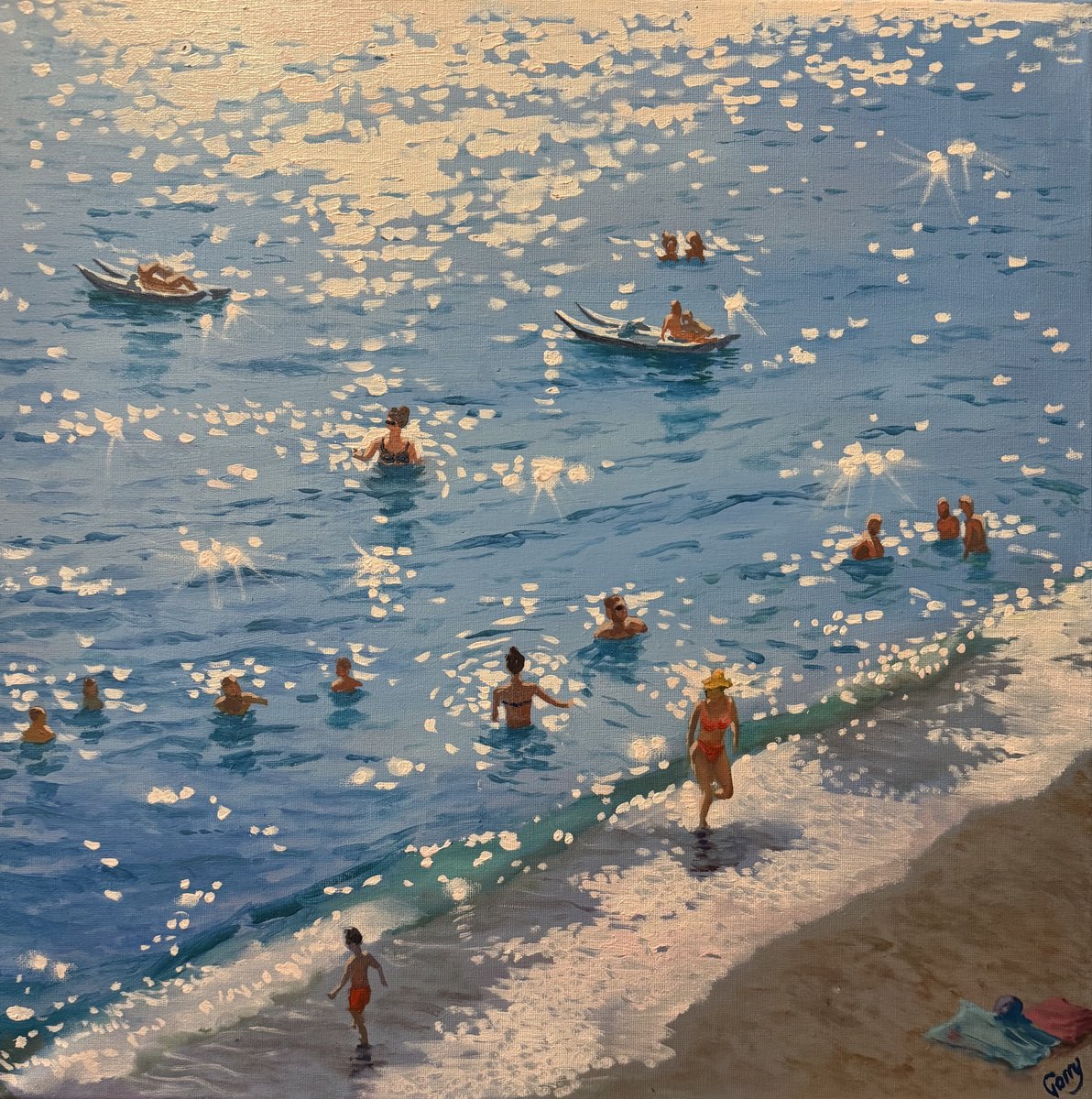 Impressionistic Portrait Oil Painting By Garry Arzumanyan, 20 X 20, The Beach 03, Original Artwork