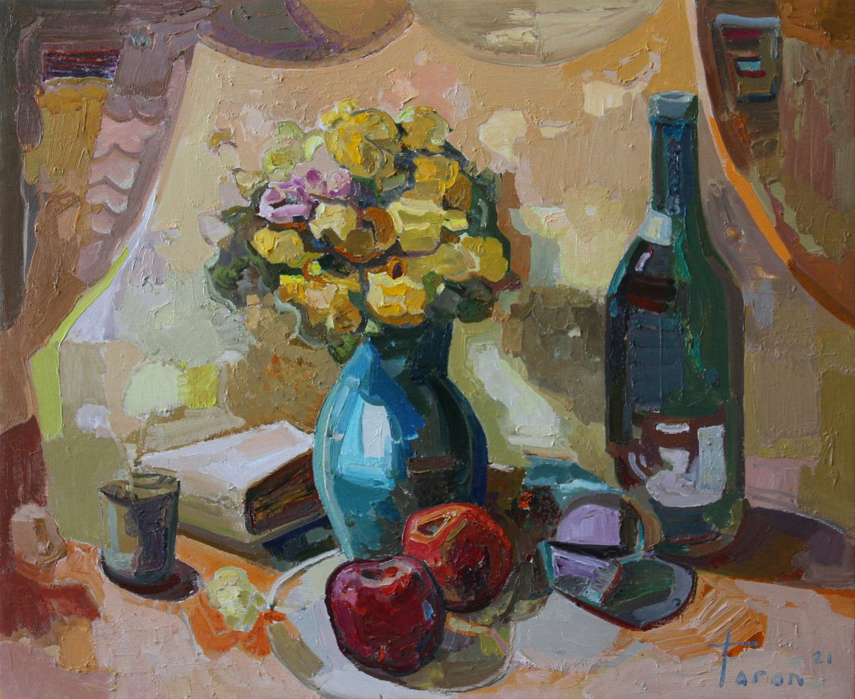 Abstract Still Life Oil Painting By Taron Khachatryan, 22 X 18", Expected Evening, Original Artwork